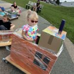 dzieci siedzą w kolorowych wagonikach na kółkach